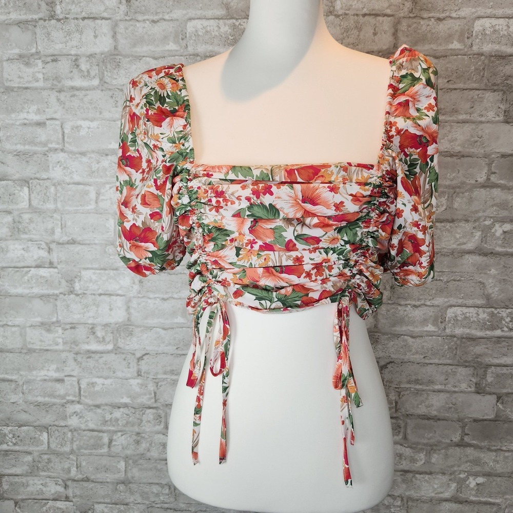 Milk and Honey Floral Crop‎ Top Puff Sleeve Ruched Romantic Cottagecore Small